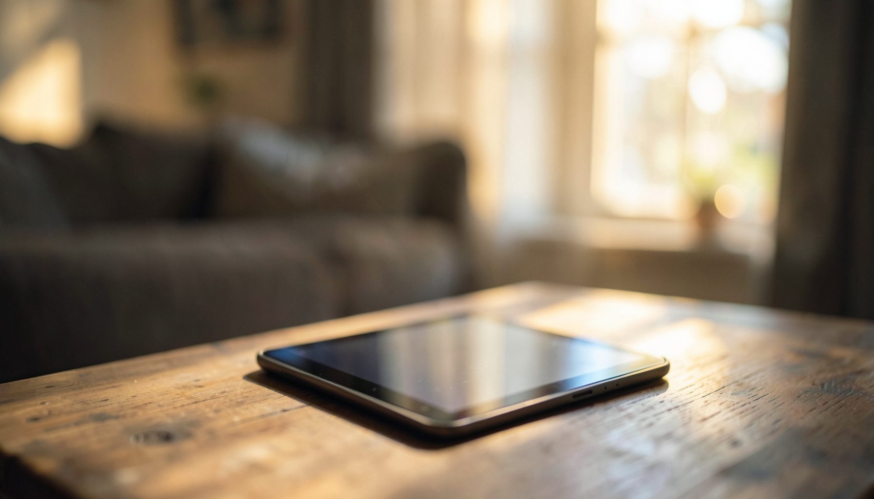 Weicher, verschwommener Hintergrund mit warmem Licht, das durch ein Wohnzimmerfenster auf ein Tablet auf einem Holztisch fällt, ruhige und behütete Atmosphäre in sanften Gold- und Blautönen